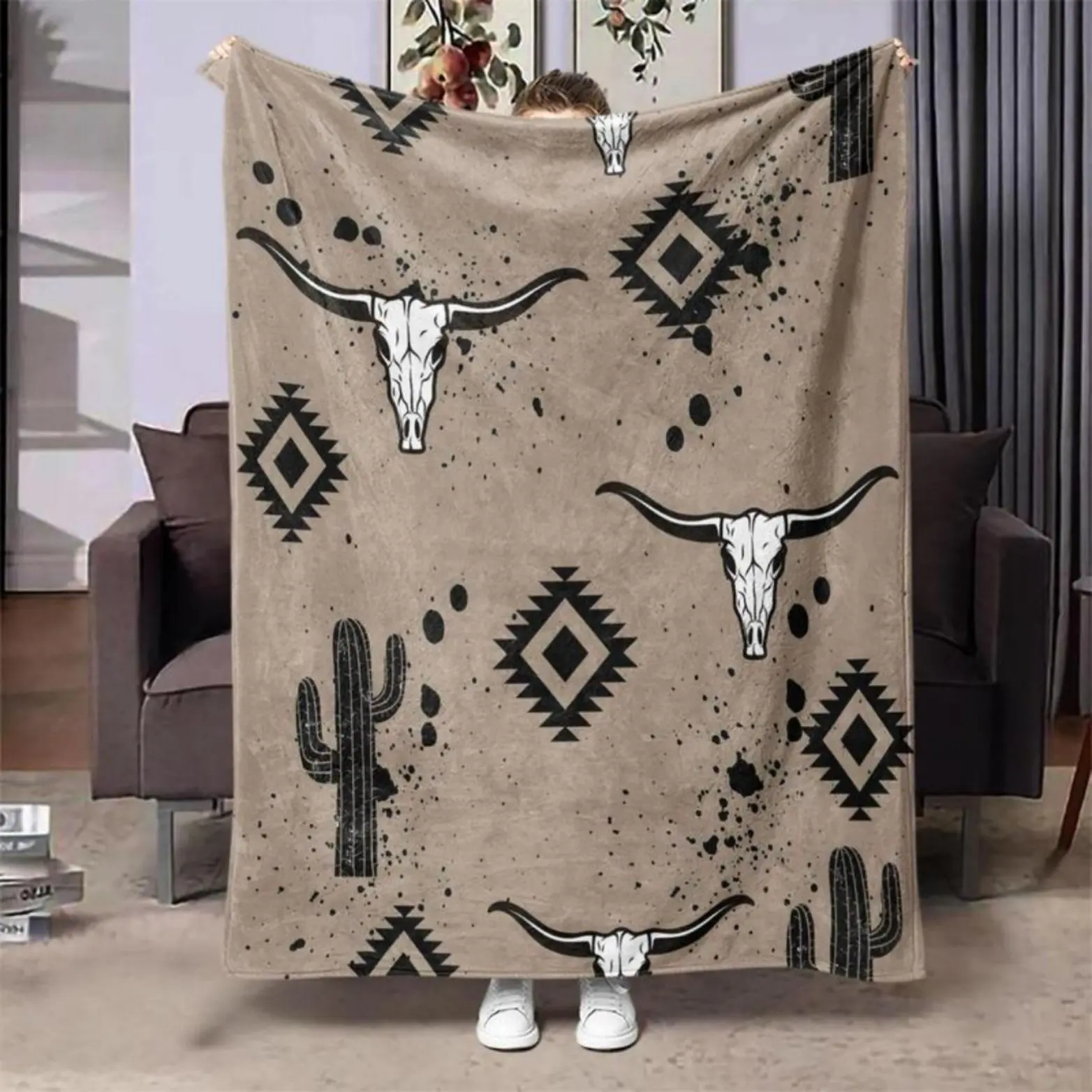 Soft Comfortable Funny Throw Blanket Western Desert Cactus & Bull Head Pattern Blanket Air-conditioned Room Warm Nap Blanket For Home Office Travel Camping