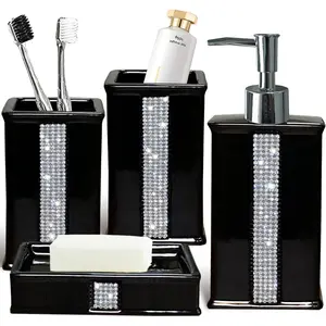 Bath Accessories Sets for Bathroom,Black Bathroom soap Dispenser Set,Ceramic Liquid Dispenser Pump, 2 Tumbler Cup,Soap Dish-Bathroom Home Decor Clearance (12 Ounce Black) Toilet Brush