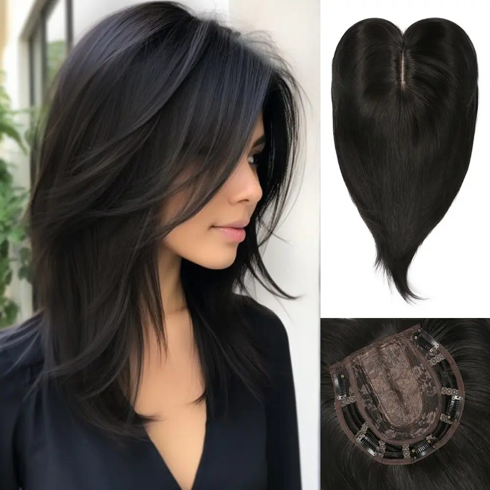 Synthetic Hair Topper - Fluffy Premium Synthetic Extensions & Pieces, 14-in Free Parting Natural Straight Clip-In Crown, 5 Anti-Slip Clips, 6x6-inch Base, 3D 360° Breathable Base, Invisible Fit, Boost Volume for Thinning Hair Grey Root Coverage, Premium M