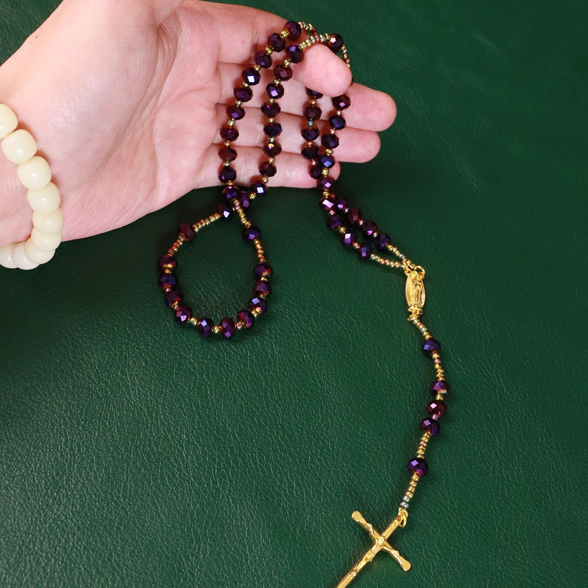 Catholic Rosary Purple Beads Necklace, with Crucifix Rosaries Communion Rosary Christian Gifts Catholic Gifts with a Gift Box And 18pcs Praying Cards
