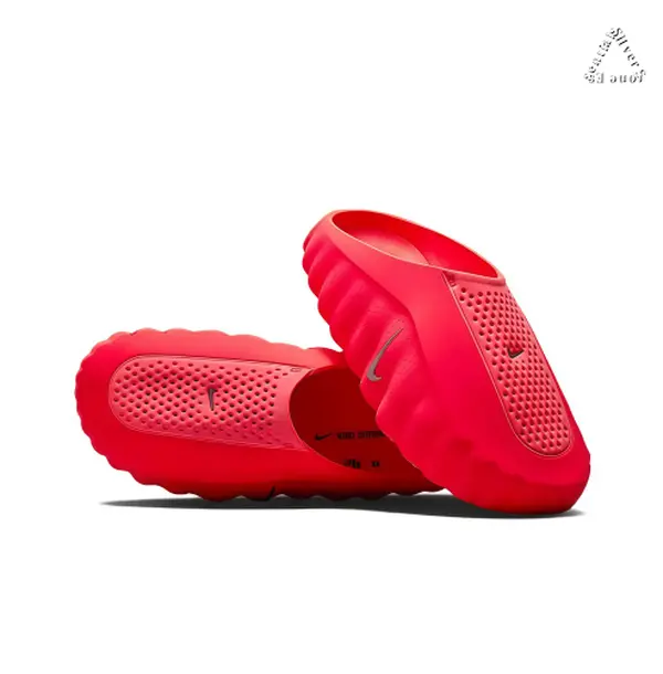 Vibrant Red Thick-Soled Mule Slides, Orange Cushioning Massage Outsole, Perforated Upper, Pre-Game Recovery Tech Slides