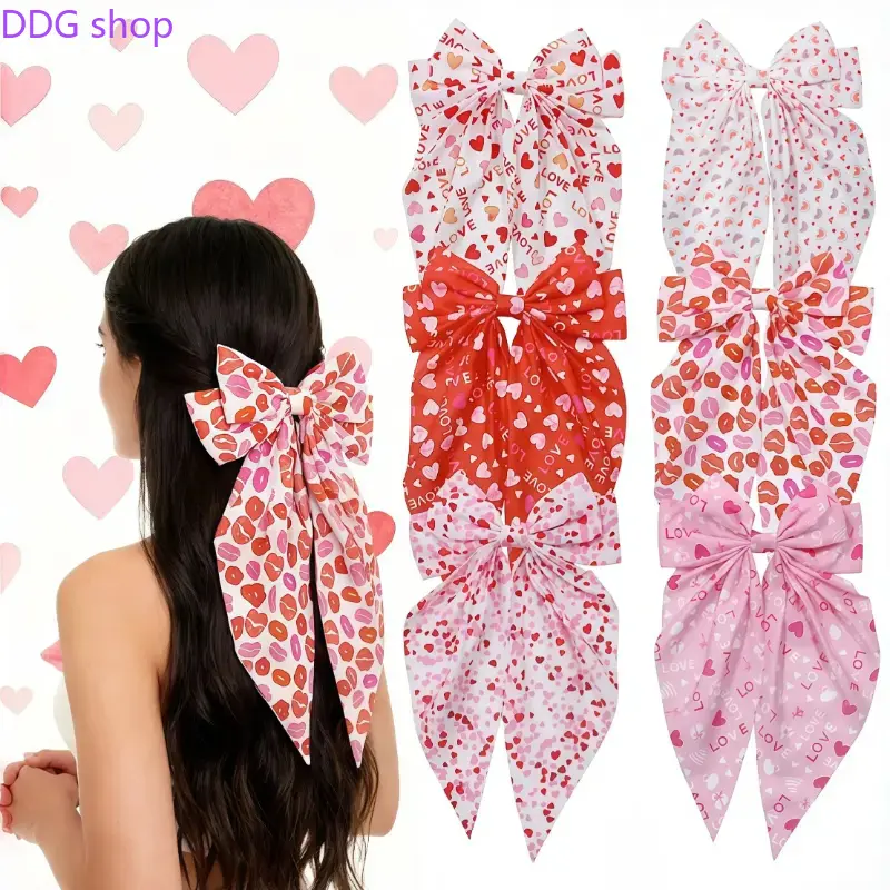 6Pcs Valentine's Day Sweet Long Bow Hair Clips for Women, Elegant Fabric Barrettes with Love Lips & Rainbow Heart Print, All-Match Decorative Hair Accessories for Daily Wear & Party Styling