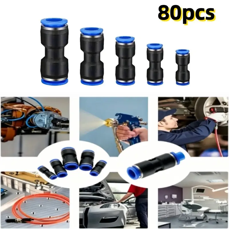 80pcs Quick Connect Air Hose Fittings Quick Coupler, 4/6/8/10/12mm Od Pneumatic Push-In Connector Kit, 5/32 1/4 5/16 3/8 1/2 Inch Od Tubes, Hose Adapter Set