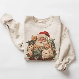 Retro Santa Claus and Kittens Christmas Winter Sweatshirt - 90s Old Saint Nick Gift For Cat Lovers Outfit - Boho Unisex
