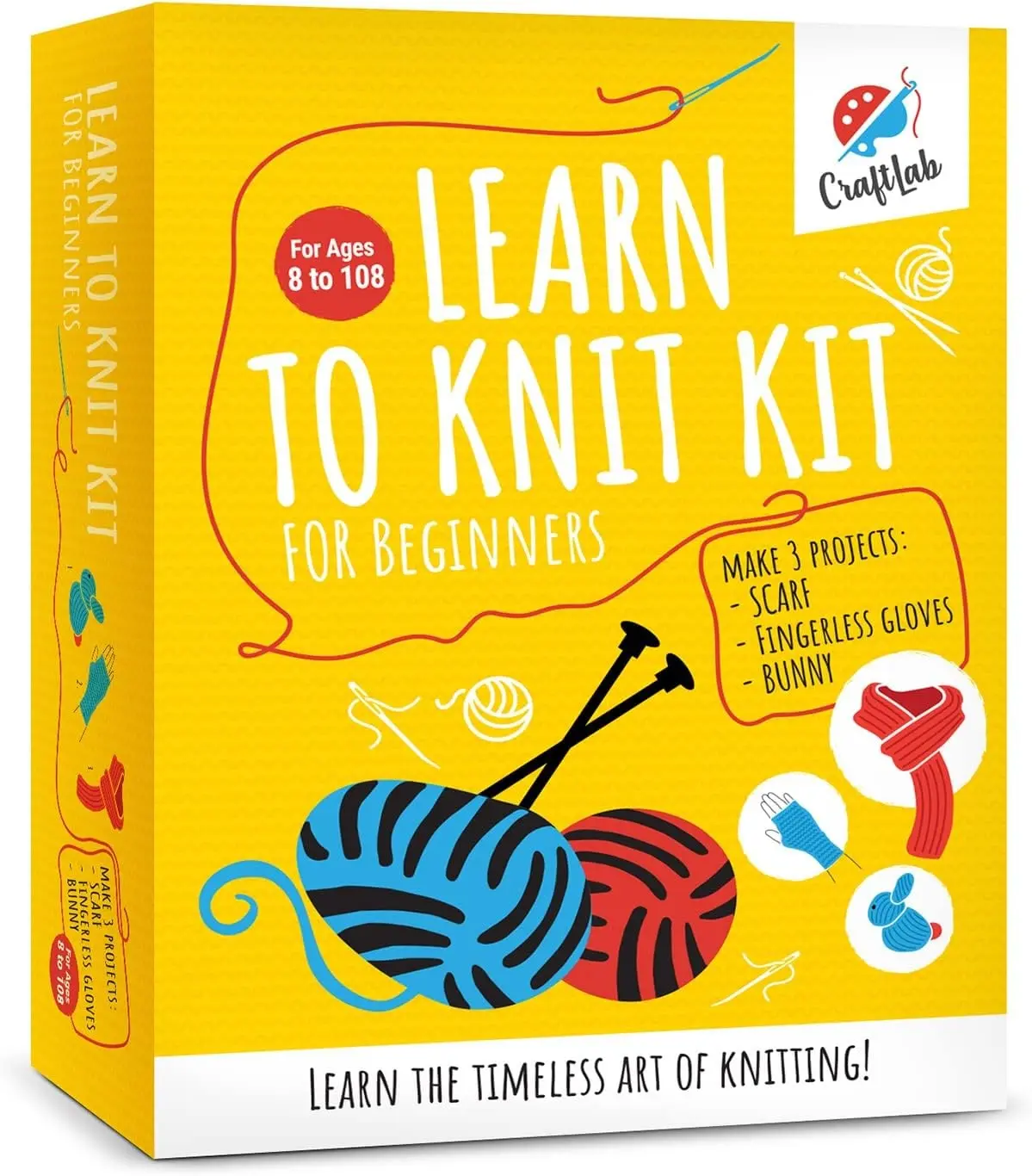 CraftLab Knitting Kit - Beginner Knitting Supplies with Wool Yarn, Needles, Instructions, DIY Gift Gift
