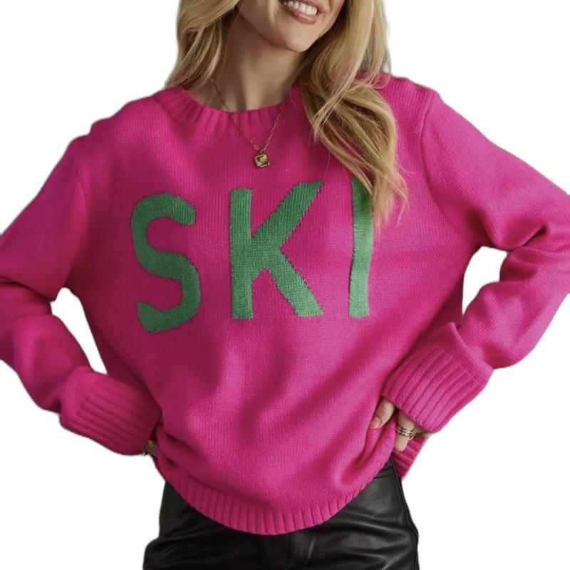 Pink & Green Ski Sweater with Bold Lettering and Stylish Fit for Winter Wear