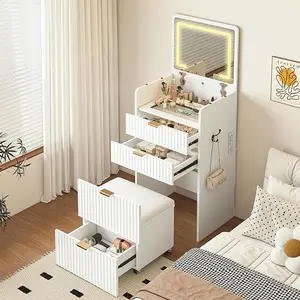 3 in 1 Small Fluted Vanity Desk with Flip-Top LED Mirror & Power Outlets, Compact Makeup Vanity Table Set with Storage Stool & Drawers, Mini White Dressing Table for Bedroom Dorm Apartment