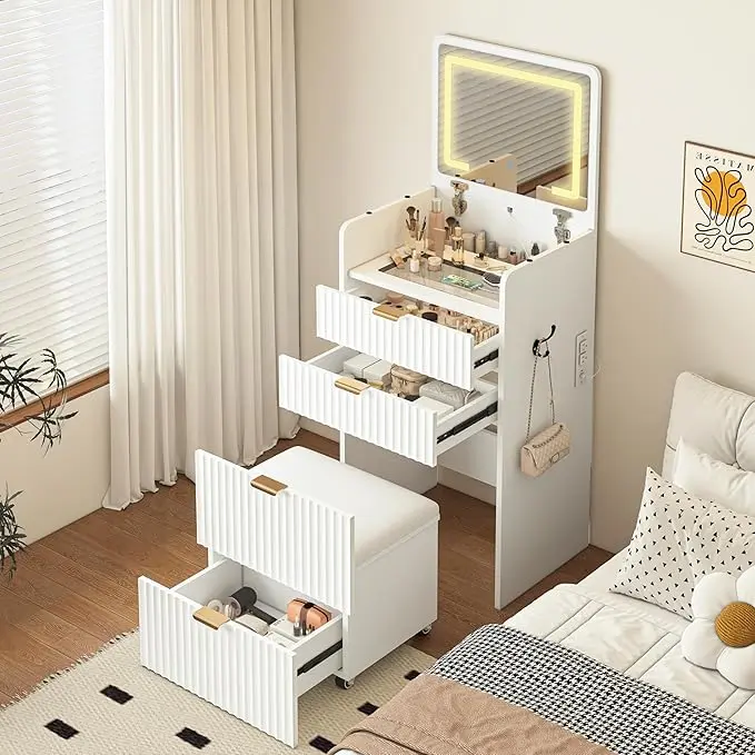 3 in 1 Small Fluted Vanity Desk with Flip-Top LED Mirror & Power Outlets, Compact Makeup Vanity Table Set with Storage Stool & Drawers, Mini White Dressing Table for Bedroom Dorm Apartment