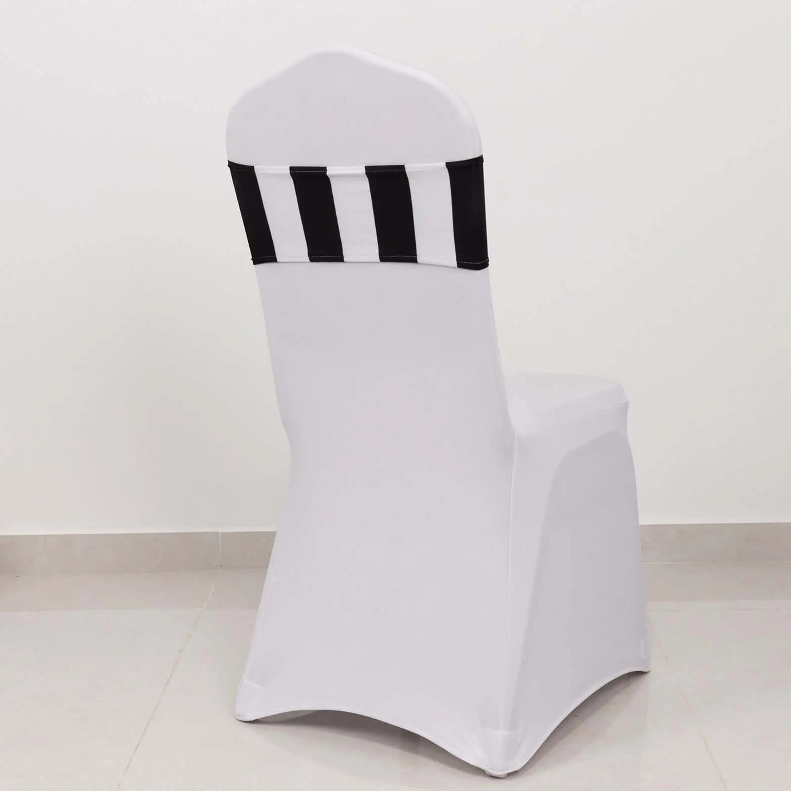 5-Pack Black-White Vertical Stripes Spandex Fabric Fitted Sash Bands - 5"x14" Reusable, Stretch Fit Chair Sashes, Durable Machine Wash Decoration for Weddings, Household Use