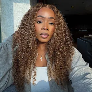 OQ HAIR Ombre Highlight 13x4 Lace Front Wigs Human Hair Kinky Curly 180 Density Glueless Wigs Human Hair Pre Plucked 4/27 Honey Blonde Color