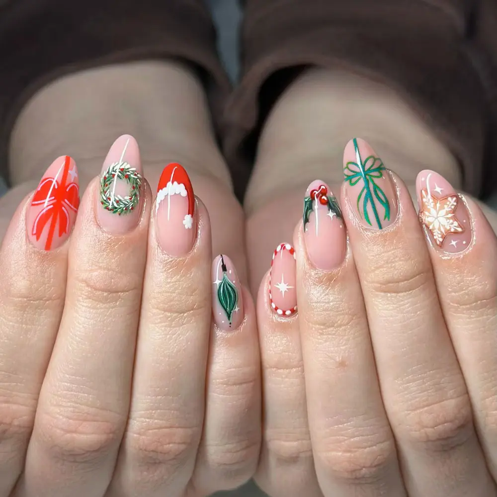 Christmas 24pcs Long Almond Press-On Nails, Gingerbread Man & Bow Design, Glossy Acrylic False Nails for Women & Girls