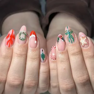 Christmas 24pcs Long Almond Press-On Nails, Gingerbread Man & Bow Design, Glossy Acrylic False Nails for Women & Girls