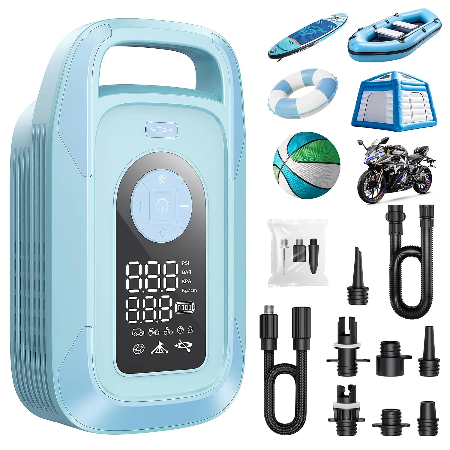Trisomy Portable 150PSI Electric SUP Air Pump – Fast Inflate Cordless Paddle Board Pump with 10400mAh Battery & 7 Nozzles for Outdoor Adventures, Camping & Beach Essentials