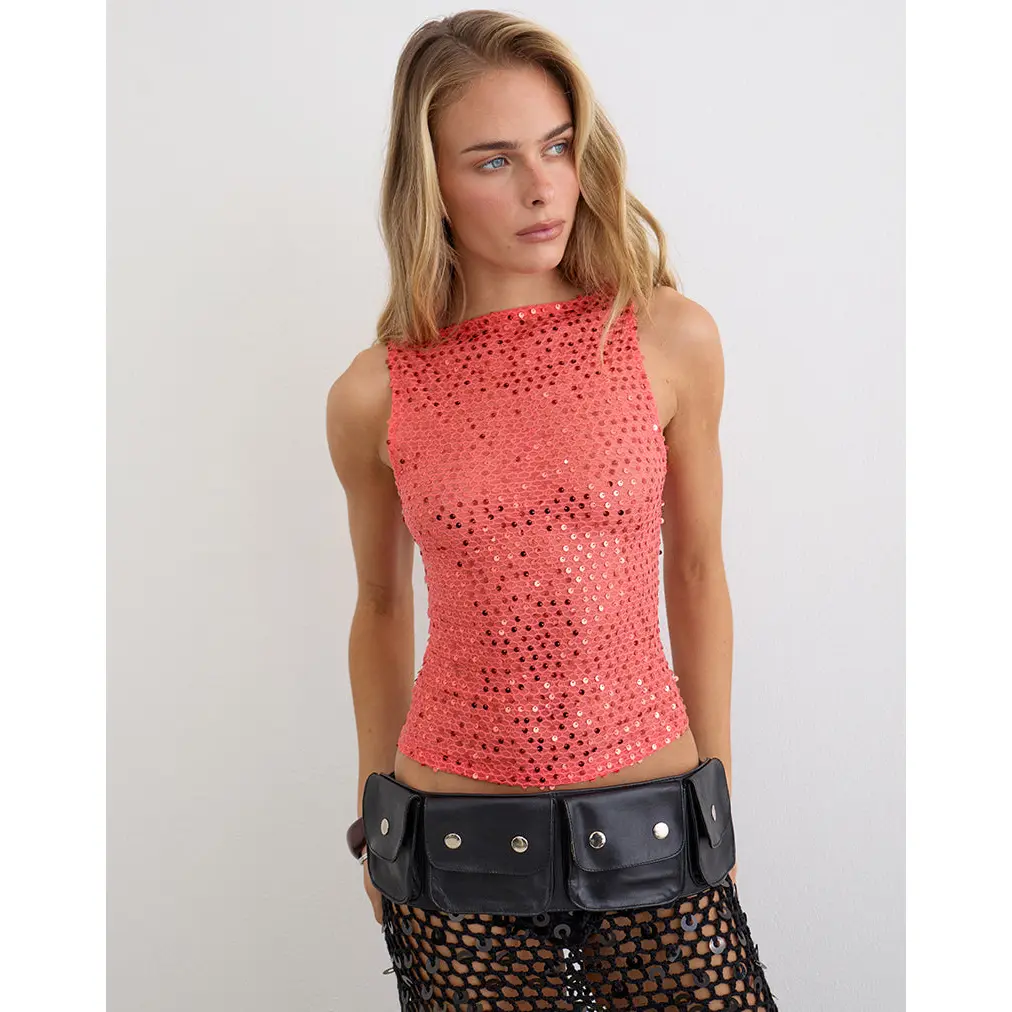 Dudley Vest Top in Sequin Knit Coral