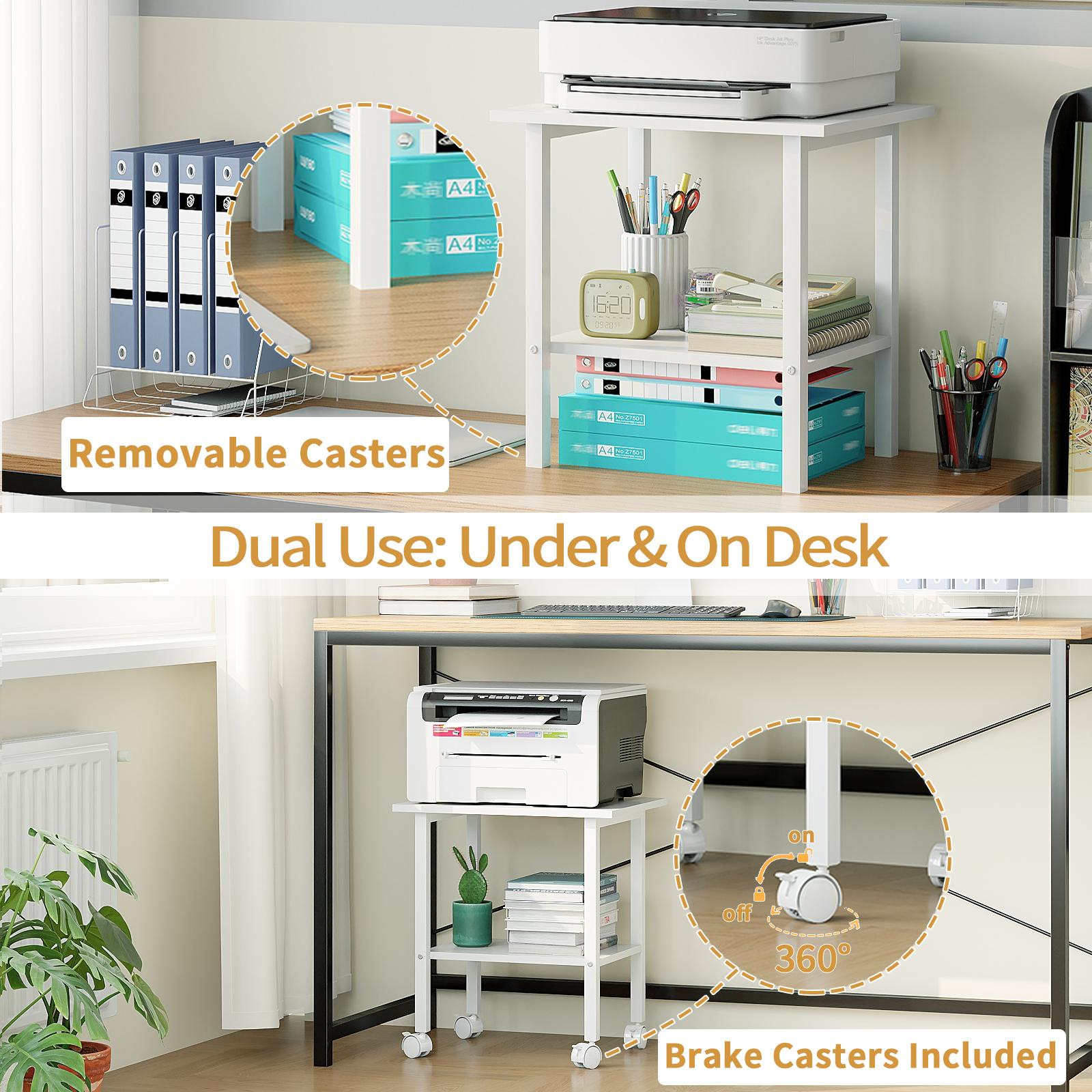 Under Desk Printer Stand, 2-Tier Industrial Mobile Printer Table with Storage Shelf and Steel Frame, Rolling Printer Cart Holder with Lockable Wheels for Home, Office