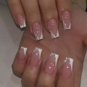 24pcs Medium Long Square Press-On Nails, French Style Iridescent Glitter Design, Reusable Nail Art Set with Jelly Glue & File, Party Daily Wear, Glossy Finish, French Tips Nails, Summer Nails