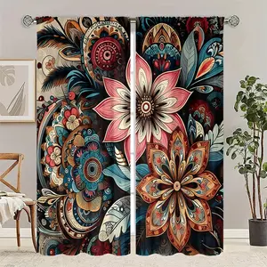 2 pieces of retro mandala-style floral printed curtains, made of polyester with semi-transparent texture, machine washable, suitable for bedrooms, living rooms and home decoration curtains.