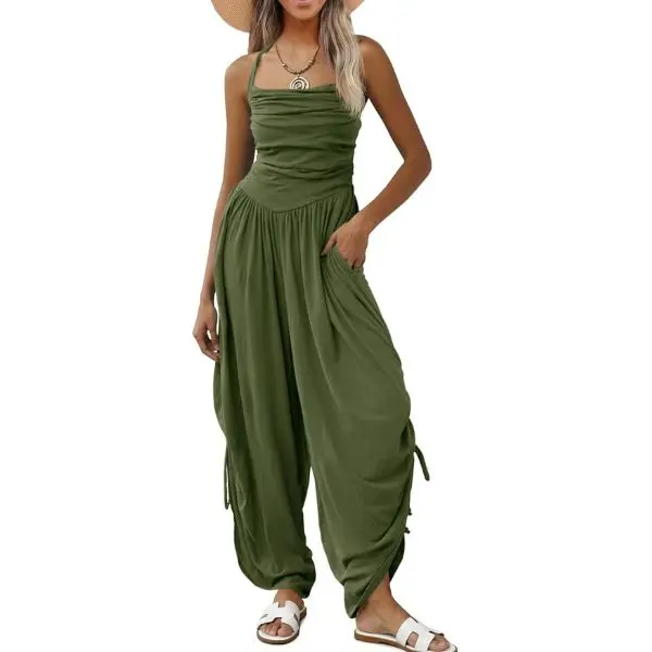 Fisoew Women's Jumpsuit, Casual Lightweight Summer Outfit with Halter Neck, Ruched Bodice and Loose Barrel Wide Legs, Outfits, Adjustable, Breathable, Piece, Comfortable, Everyday, Rompers, Straps, Overall, Sleeveless, Fabric, Beach, Accessories, Pockets,