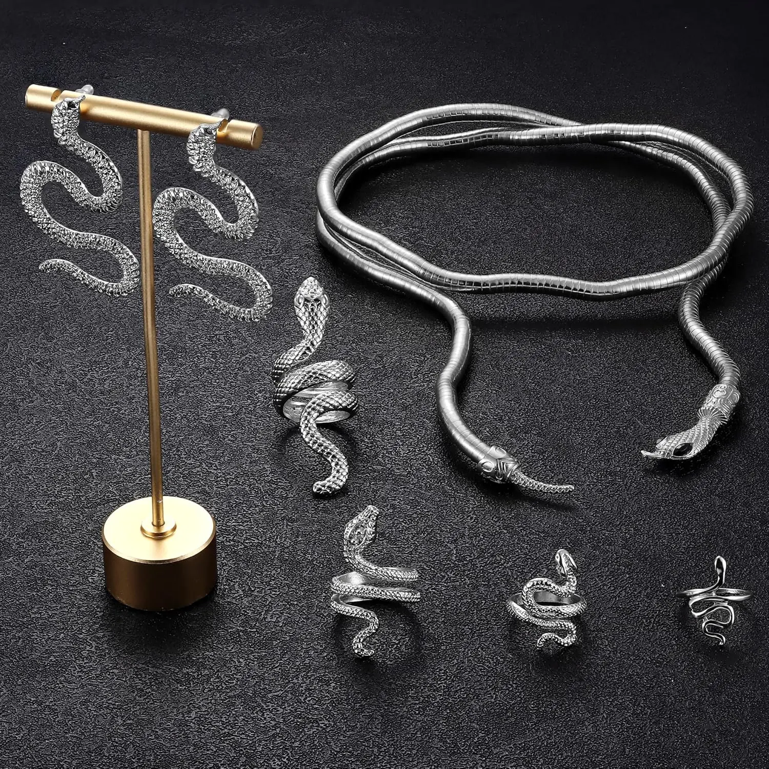 FIBO STEEL 7Pcs Snake Jewelry Set for Women Dangle Earrings Silverly Snake Earrings Knuckle Rings Adjustable Necklace Halloween Bride Jewelry Gift