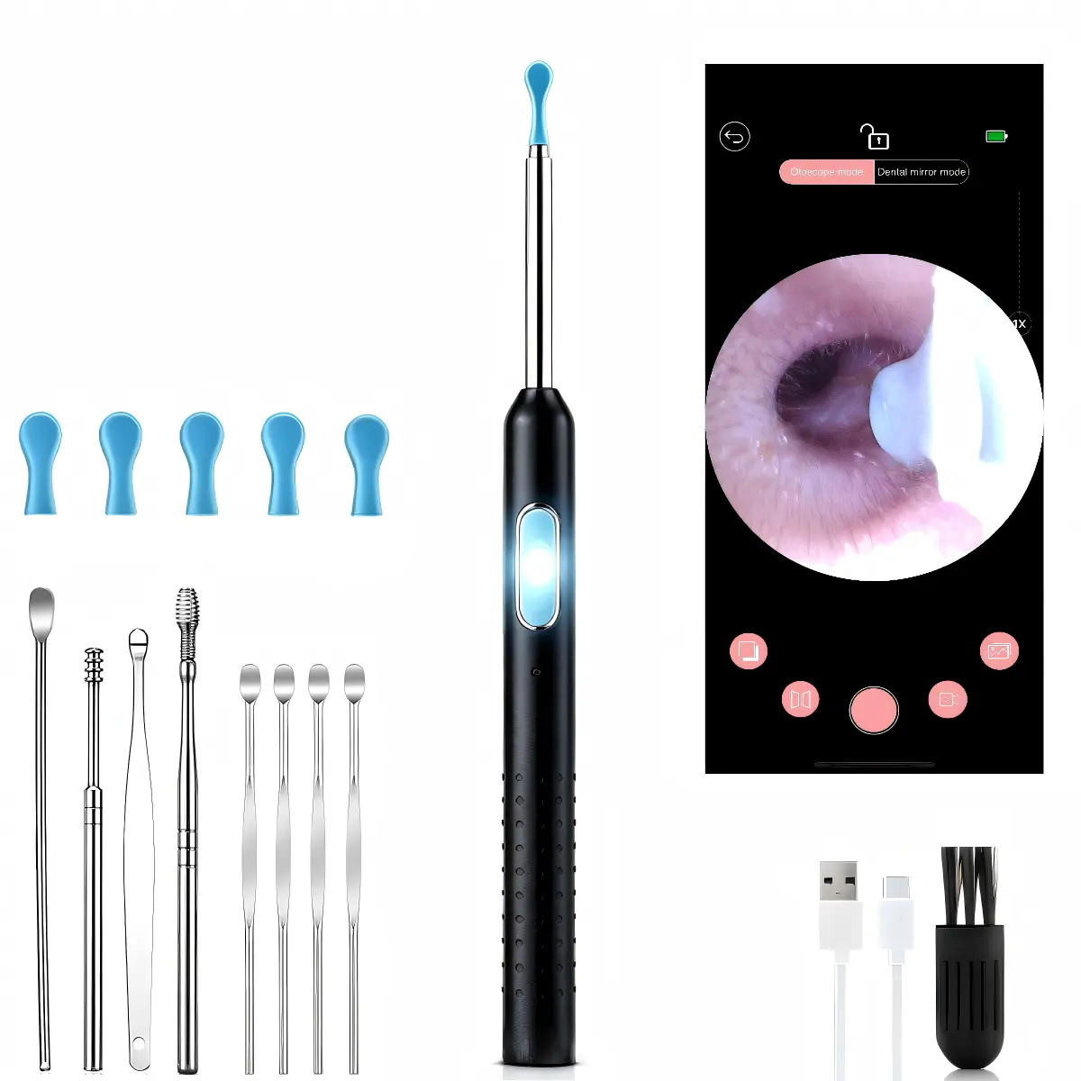 Wireless Camera Earwax Removal Kit - 1080P High-Definition Visuals, USB Rechargeable, 6 Silicone Replacement Tips, FSA HSA Eligible, for iPhone & Android, Black Ear Cleaning Tools (Manual Earwax Removal Tools)