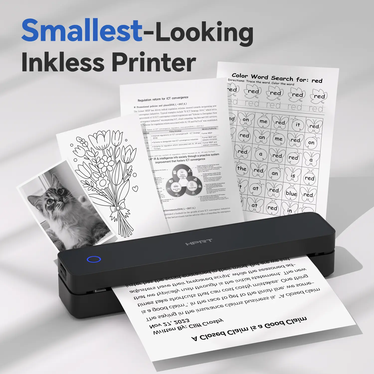 Portable Wireless Bluetooth Thermal Printer, Inkless Travel Printer for iOS Android Laptop, Mobile Printer for Home Office, Supports 8.5x11 US Letter