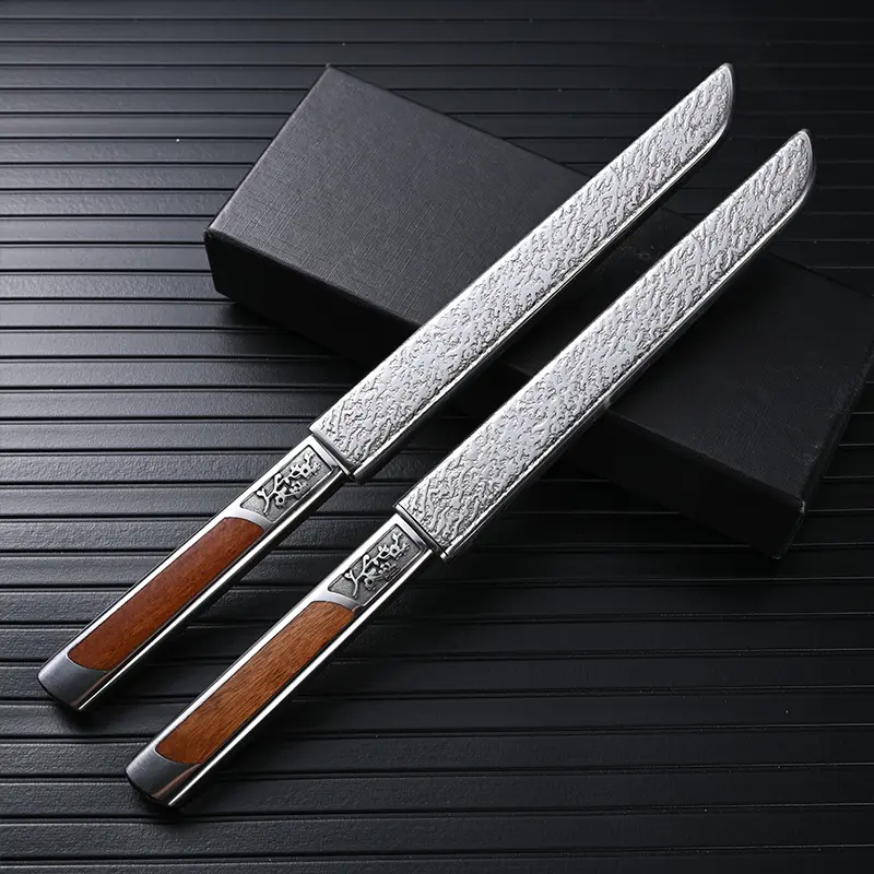 Retro Wooden Inlay Portable Slicing Knives with Decorative Storage Sheath, Ideal for Camping