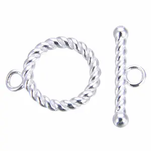 2 Sets 925 Sterling Silver Round Twisted Toggle Clasps, T-Bar Jewelry Closure, 13mm (0.51 Inch), SS397
