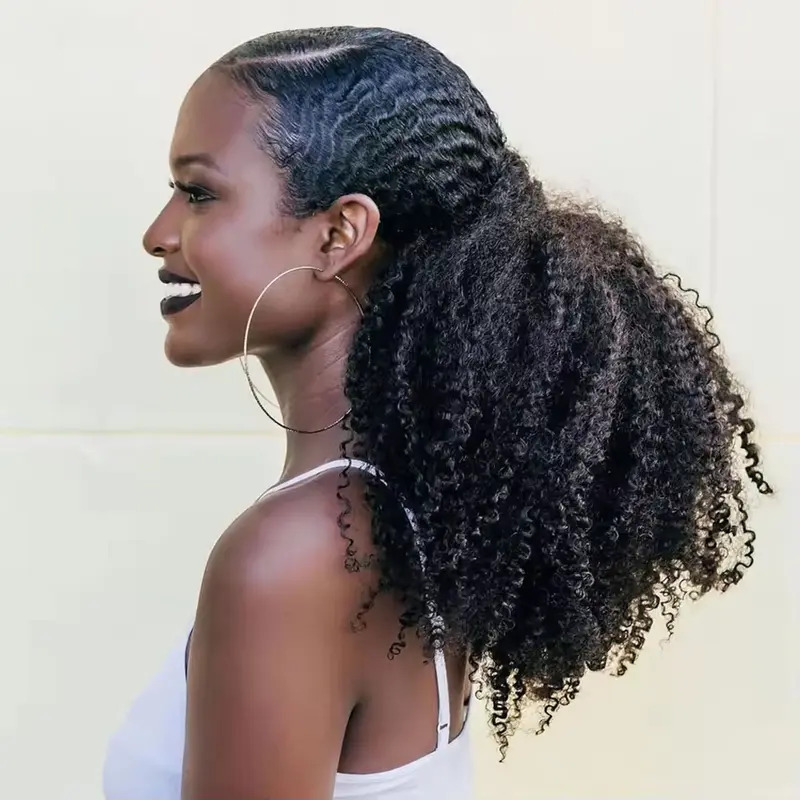 MEGEEN Female Fluffy Afro Kinky Curly Ponytail Extensions - Mongolian Human Hair Locs Drawstring, 4B-4C Natural Black, 10-24 Inches