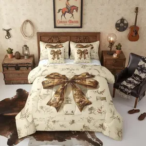 Brown Bowknot Bed Bag,Coquette Decor Bohemian 7 Piece Comforter Bed Set,Western Cowboy Sheet Set,Reversible Hippie Pastoral Style Fitted Breathable Bed Set