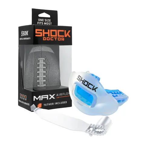 Shock Doctor Max AirFlow Football Mouthguard – Clear/Translucent Blue, Extra Large Breathing Channel, Full Protection, Comfortable Bite Pads, No Mold Fit