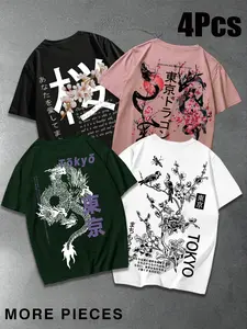 Tokyo Aesthetic 4-Piece Graphic T-Shirt Set - Multi-Color Tees with Sakura, Dragon & Bird-Flower Prints, Japanese Streetwear Style for Daily Casual & Street Outfit Mix-and-Match