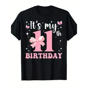 shirts for men 11th Birthday T-Shirt for & - Pink Bow & Number 11 Print Milestone Outfit, Unisex Casual Round Neck Short Sleeve Tee for 1 Birthday Party Apparel, Year-Round Wearable for 11th Celebration