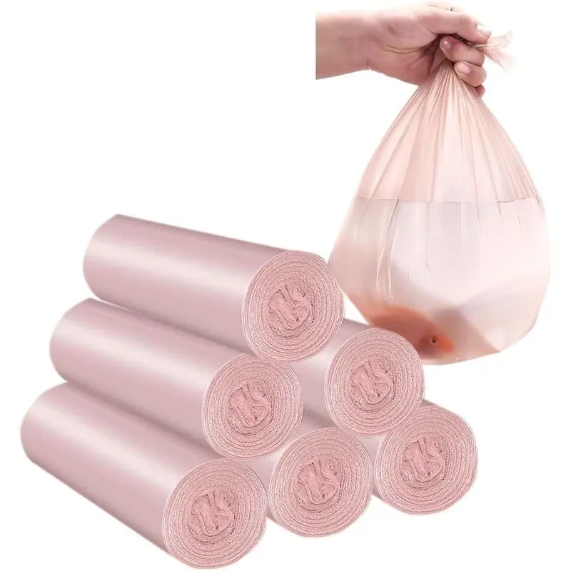 100PCS Pink Drawstring Trash Bags, Thick Leakproof Biodegradable Waste Disposal Bin Liners, Disposable Roll Pack for Kitchen, Bathroom Home Use
