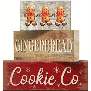 3pcs Gingerbread Man Wood Strip Ornaments - Christmas Winter Desktop Decorations - Beautiful and Compact Tray Decorations - Suitable for Home, Bedroom, Living Room, Kitchen Display