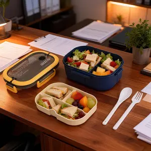 Beautiful Bento Box Lunch Box – 1200ml Leak-proof Double-Layer with Handles, 6 Compartments, Reusable, Microwave and Dishwasher Safe, Comes with a Free Cutlery Set and Snack Box