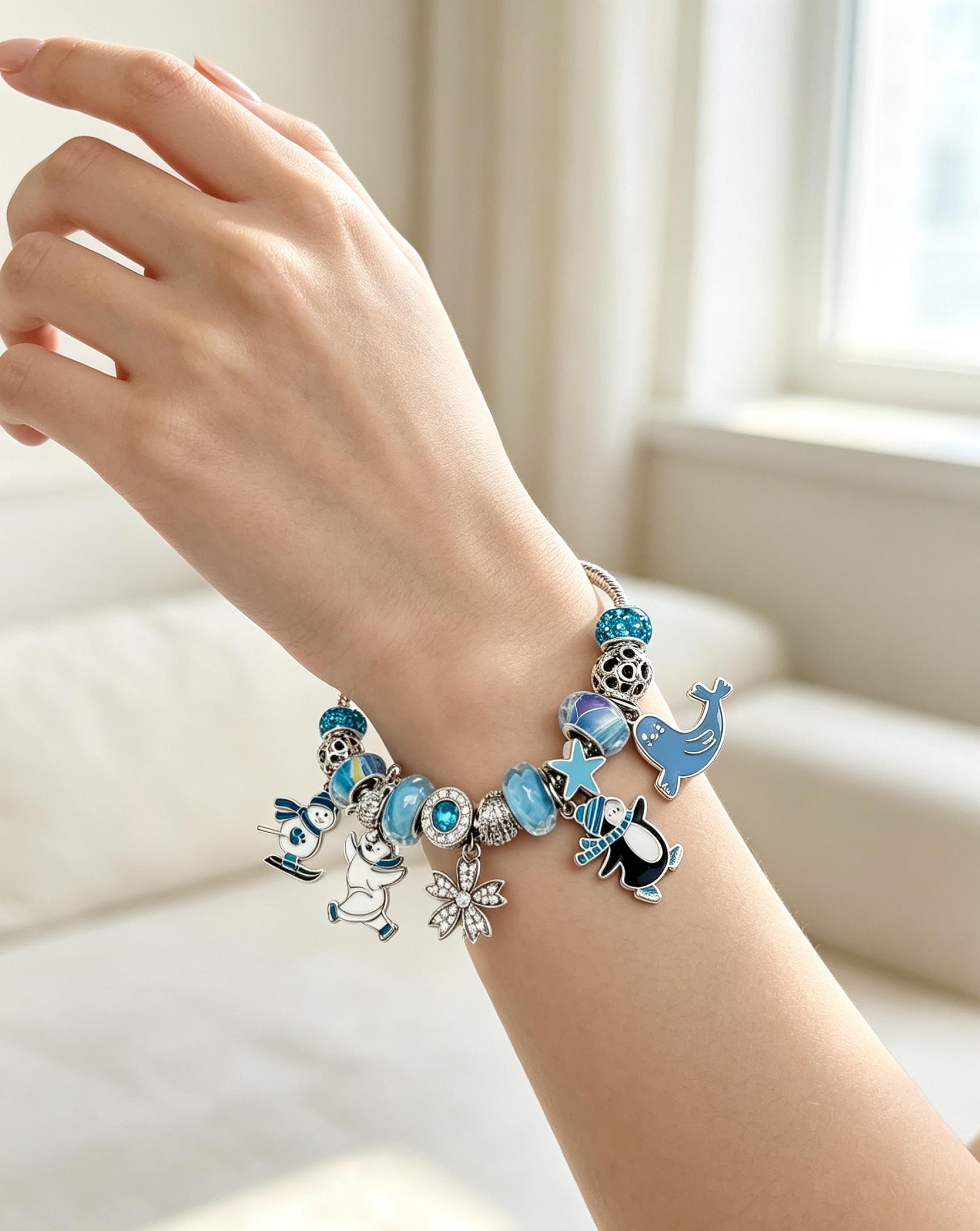 Silver Winter Ocean Charm Bracelet, Enamel Penguin Seal Snowman Snowflake Beaded Snake Chain Bracelet, Cute Animal Crystal Charm Jewelry Gift for Women