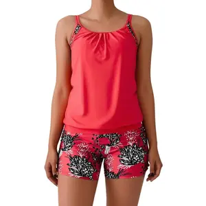 Women’s Floral Print Patchwork Tankini Two Piece Swimsuit, Adjustable Strap Tummy Control Modest Bathing Suit with Boyshort Bottoms, Plus Size Swimwear for Beach Pool Vacation