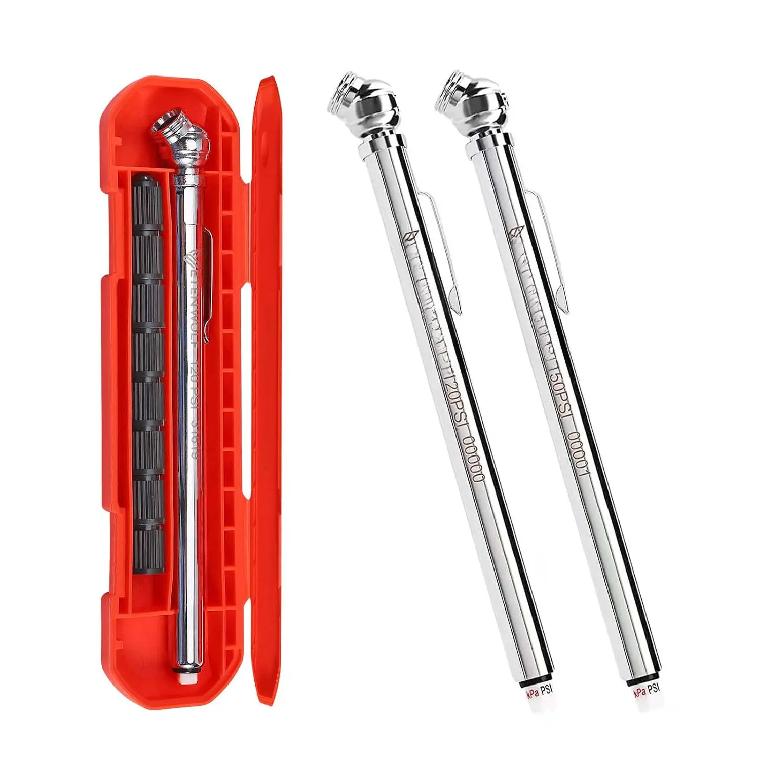 Pencil Tire  Gauge 2 Pack (10-50PSI, 20-120PSI) with 16 Tire Caps Calibrated to ANSI B40.1 Grade B(2%), Stainless Steel , for , Pickups, RVs, Bicycles
