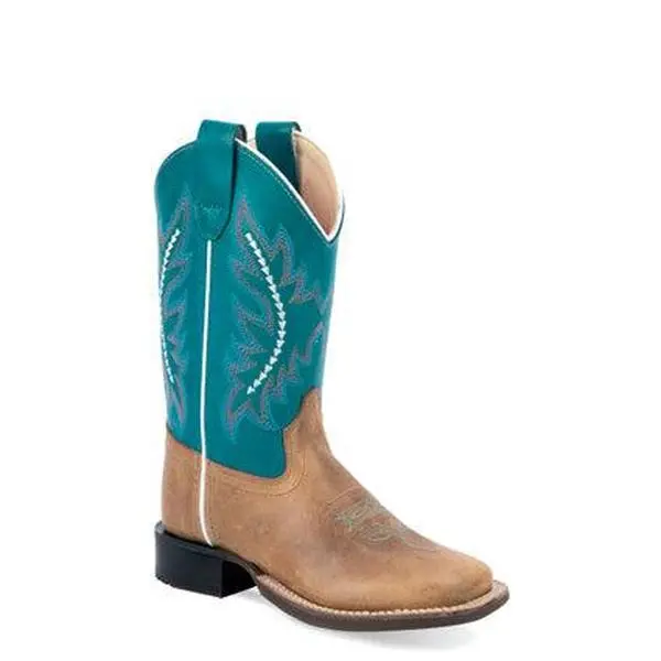 Old West Youth Teal & Brown Broad Square Toe Cowboy Boots