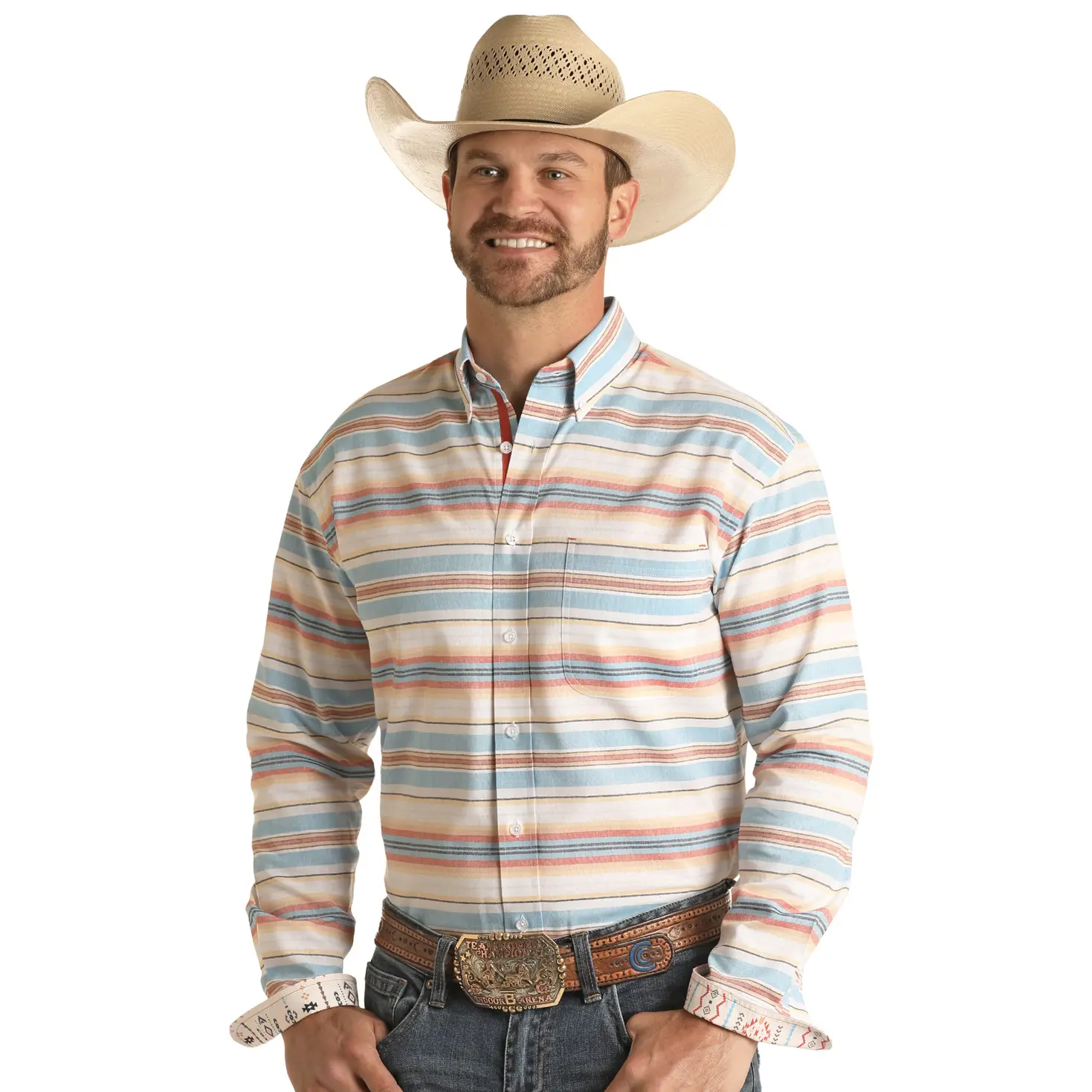 Panhandle Rough Stock® Men's Blue Stripe Patterned Button Down Shirt RSMSODRZDK-48
