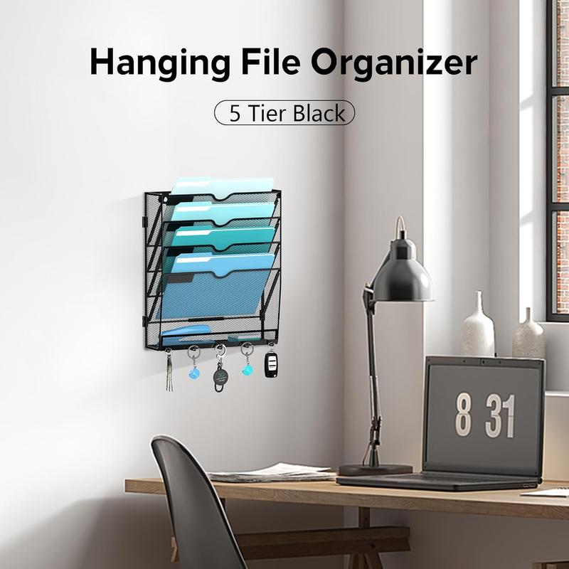 F-SBB52  Wall File Organizer with 5 Hooks 5 Tier Hanging File Organizer, Vertical Wall Mount Mail Organizer for Papers, Folders, Magazines, Bills, Office&School Organization, Black