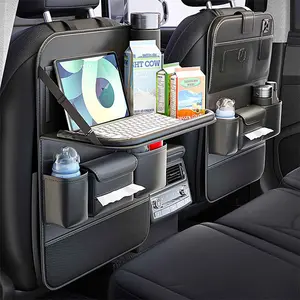 Multifunctional Car Seat Back Organizer with Foldable Tray Table Durable Nappa Leather Nylon Mesh Multi-Pocket Storage for Drinks Snacks Tablets Tidy Travel Accessory for Car Interior