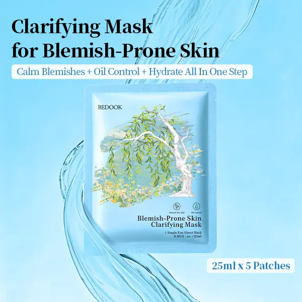 BEDOOK Blemish-Prone Skin Clarifying Mask,5 Sheets/box | Oil Control & Acne Care with Willow Bark Extract, Calms Breakouts & Redness, Brightening Gentle Hydrating Mask for Oily Skin, Acne Clearing Products, Face Care Product