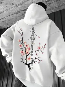 Unisex Japanese Literary Kanji & Sakura Samurai Graphic Hoodie, Minimalist Japanese-Inspired Casual Fashion, Comfortable Fleece Pullover with Traditional Text & Cherry Blossom Design, Unique Urban Aesthetic Style, Perfect for Daily Leisure & Japanese Cult