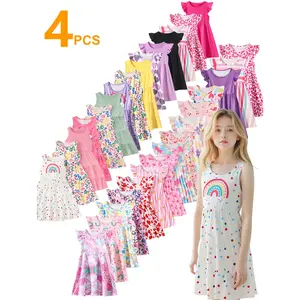 Randomly Send 4 Pieces, Summer Girls' 4-piece Set For Ages 3-14, Printed Fashionable Trendy Dresses, Girls' Casual Dresses, Stylish Spring And Summer Popular Outdoor Quick-dry Dresses, Fashionable Versatile Dresses For Little Girls