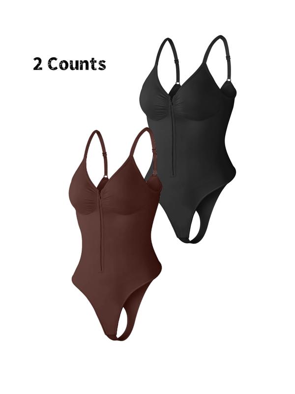 Women's Seamless Shapewear Bodysuit, Front Zipper Design, Tummy Control Thong Style, All Seasons Wearable, Comfortable Fit