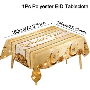 1pc Golden Polyester Ramadan Tablecloth, 100% Polyester Machine Made, Moon Lantern & Floral Design, Eid Mubarak Table Cover for Home Kitchen Dining Decor, Islamic Muslim Party Supplies for Eid Al-Fitr & Eid Al Adha Celebrations