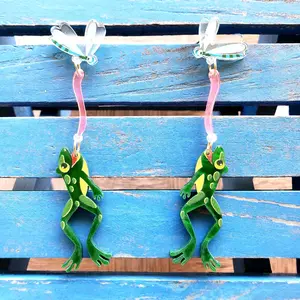 #56 Leaping Frog & Dragonfly Acrylic Earrings | Playful Nature Dangle Earrings | Lightweight Statement Jewelry | Fun Animal Earrings for Her
