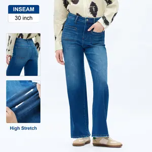 ONESO High Rise Relaxed Straight Jeans for Women with Distressed Hem Patch Pockets Zip Fly Denim
