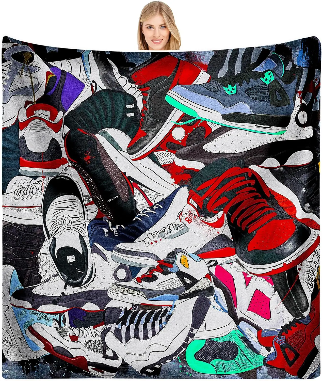 Basketball Shoes Blanket for Boys, Sneaker Gift Blanket for Son Kids, Soft Cozy Warm Flannel Fleece Blanket, Decorative for Sofa Couch Chair Bed Living Room 60x50inch